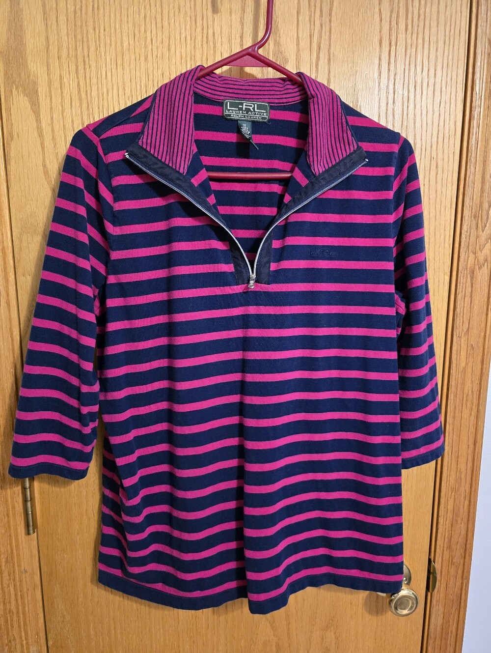 Lauren Active Navy & Pink Striped Half-Zip Pullover